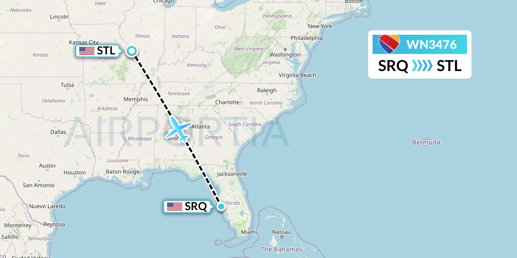 WN3476 Southwest Airlines Flight Map: Sarasota to St. Louis