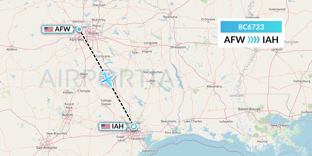 8C6723 Air Transport International Flight Map: Fort Worth to Houston