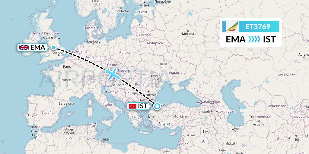 ET3769 Ethiopian Airlines Flight Map: East Midlands to Istanbul