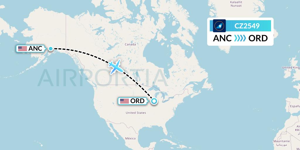 CZ2549 China Southern Airlines Flight Map: Anchorage to Chicago