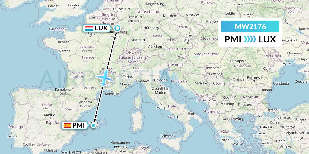 MW2176 Mokulele Flight Service Flight Map: Palma de Mallorca to Luxembourg