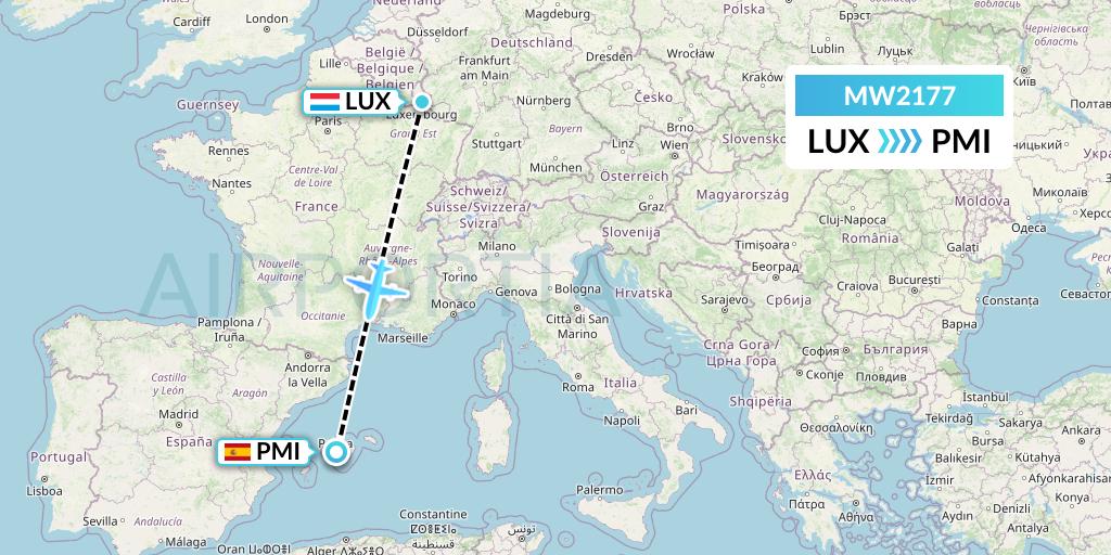 MW2177 Mokulele Flight Service Flight Map: Luxembourg to Palma de Mallorca