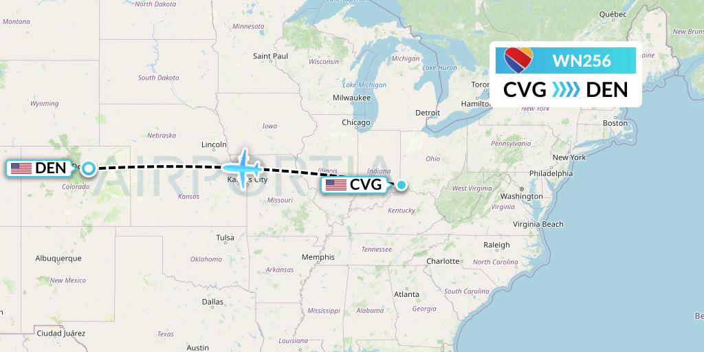 WN256 Southwest Airlines Flight Map: Cincinnati to Denver