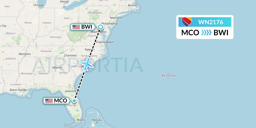 WN2176 Southwest Airlines Flight Map: Orlando to Baltimore