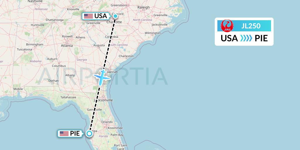 JL250 Japan Airlines Flight Map: Concord to St. Petersburg