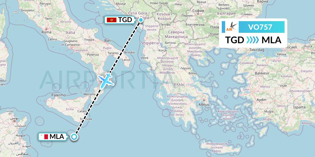 VO757 Voyage Air Flight Map: Podgorica to Malta