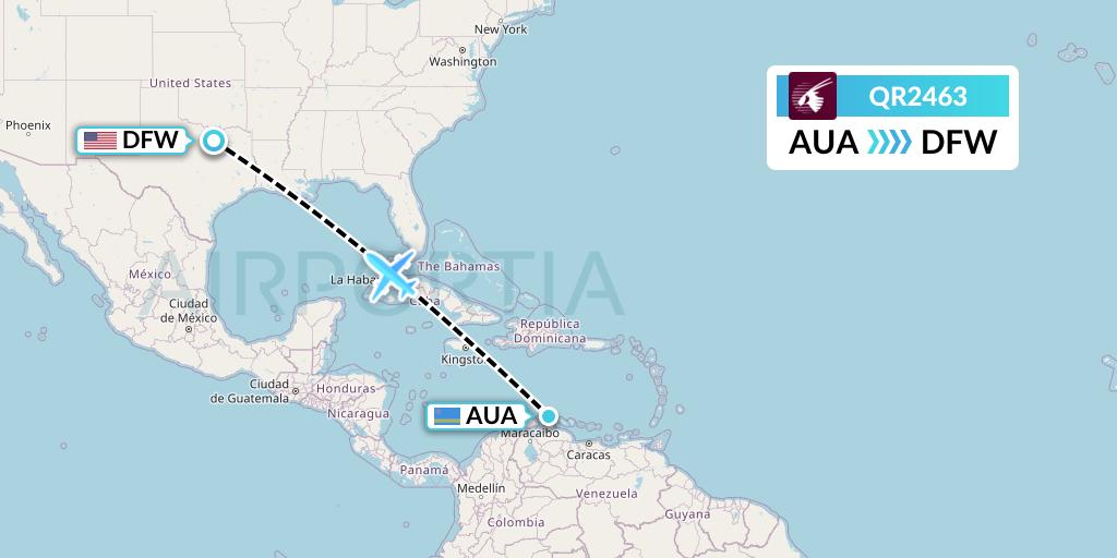 QR2463 Qatar Airways Flight Map: Oranjestad to Dallas