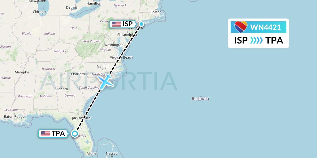 WN4421 Southwest Airlines Flight Map: Islip to Tampa