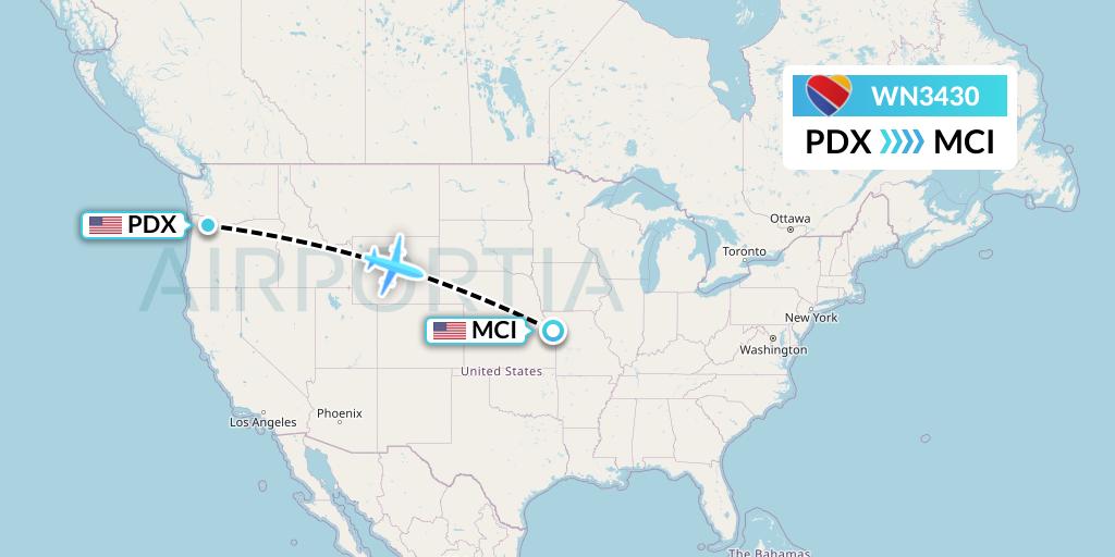 WN3430 Southwest Airlines Flight Map: Portland to Kansas City