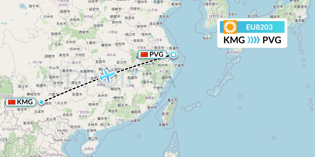 EU8203 Chengdu Airlines Flight Map: Kunming to Shanghai