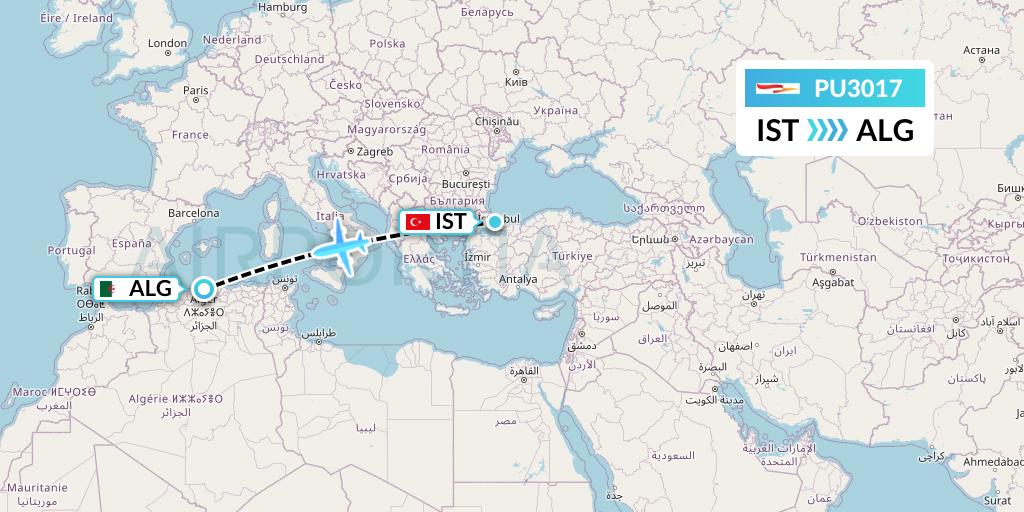 PU3017 Plus Ultra Flight Map: Istanbul to Algiers