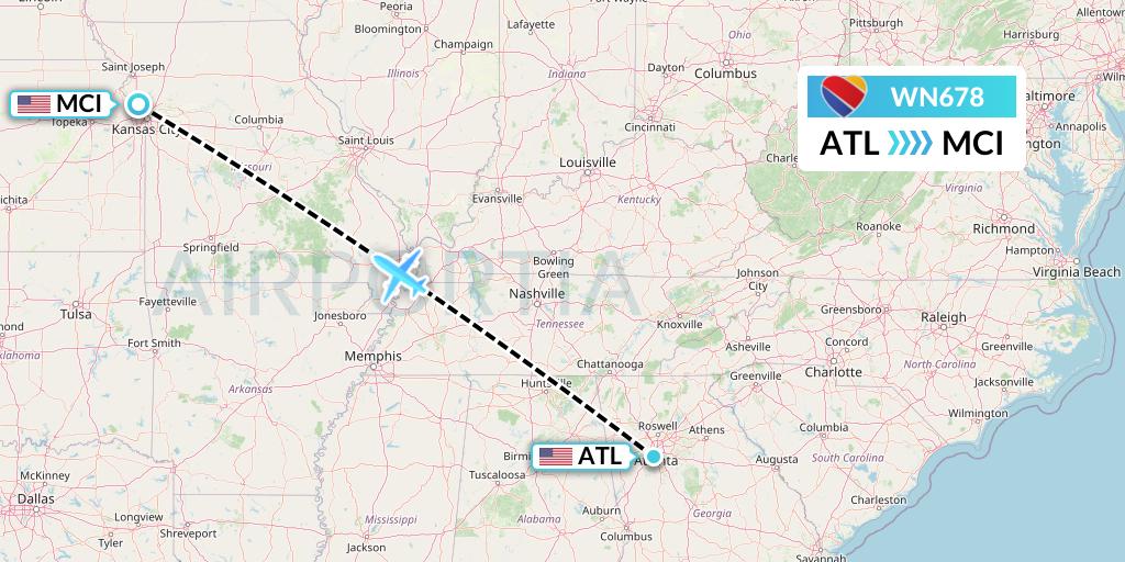 WN678 Southwest Airlines Flight Map: Atlanta to Kansas City