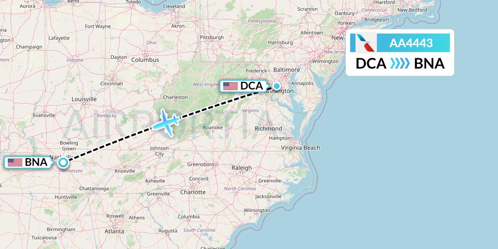 AA4443 American Airlines Flight Map: Washington to Nashville