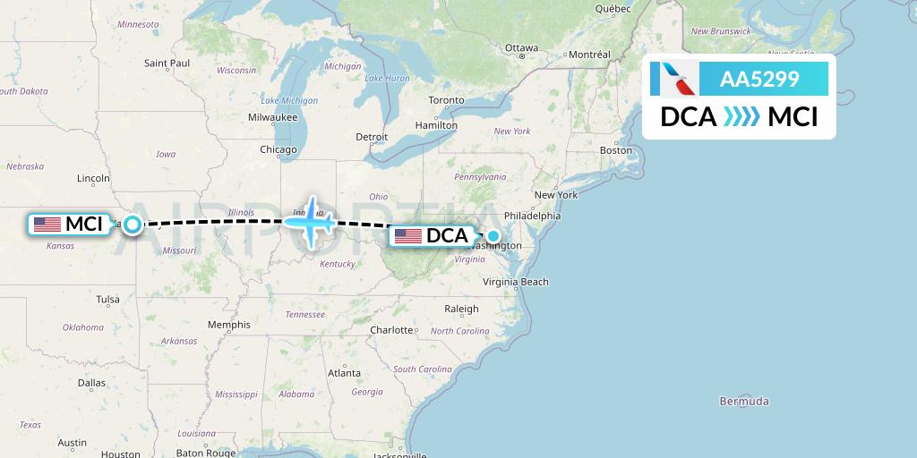 AA5299 American Airlines Flight Map: Washington to Kansas City