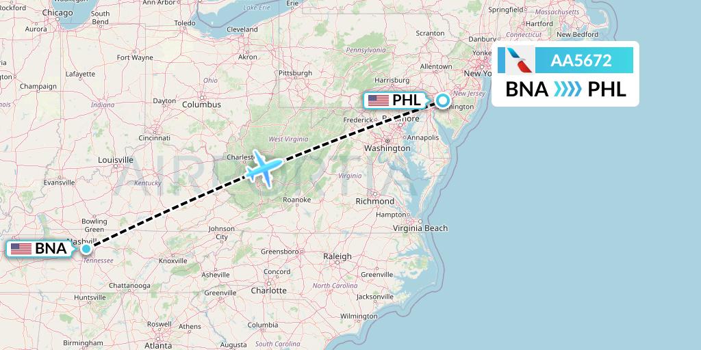 AA5672 American Airlines Flight Map: Nashville to Philadelphia