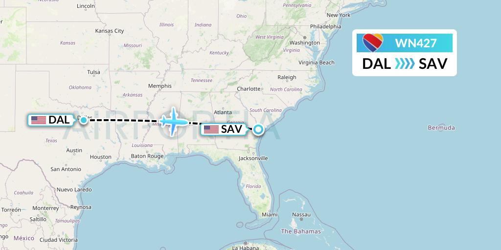 WN427 Southwest Airlines Flight Map: Dallas to Savannah
