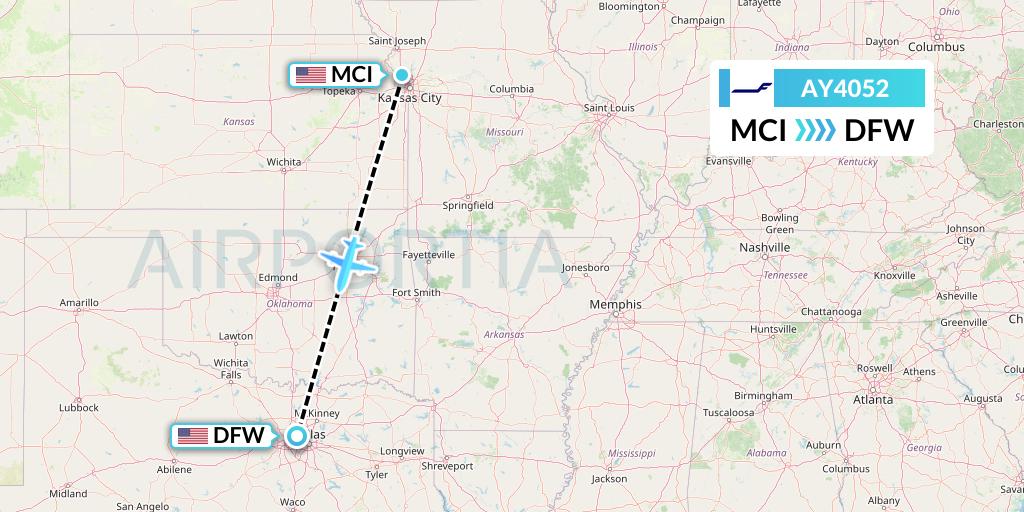 AY4052 Finnair Flight Map: Kansas City to Dallas