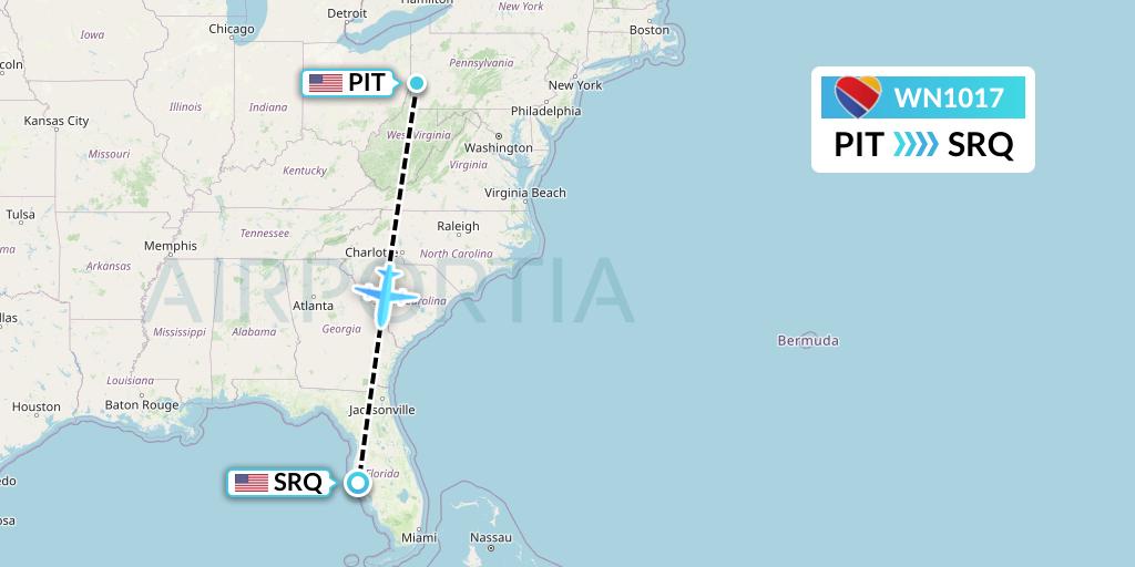 WN1017 Southwest Airlines Flight Map: Pittsburgh to Sarasota