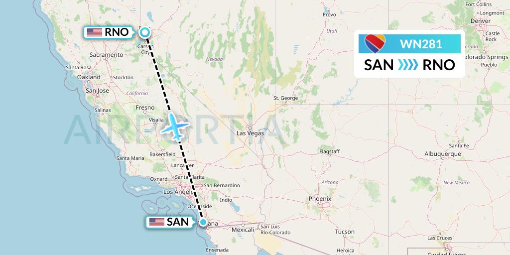 WN281 Southwest Airlines Flight Map: San Diego to Reno