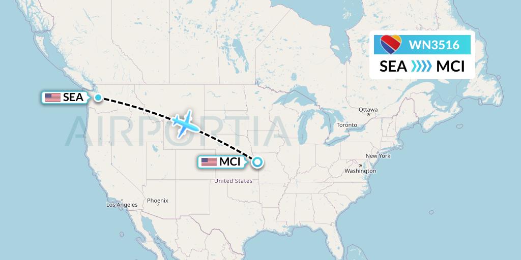 WN3516 Southwest Airlines Flight Map: Seattle to Kansas City