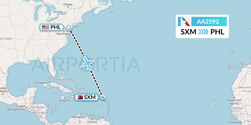 AA2592 American Airlines Flight Map: Sint Maarten to Philadelphia