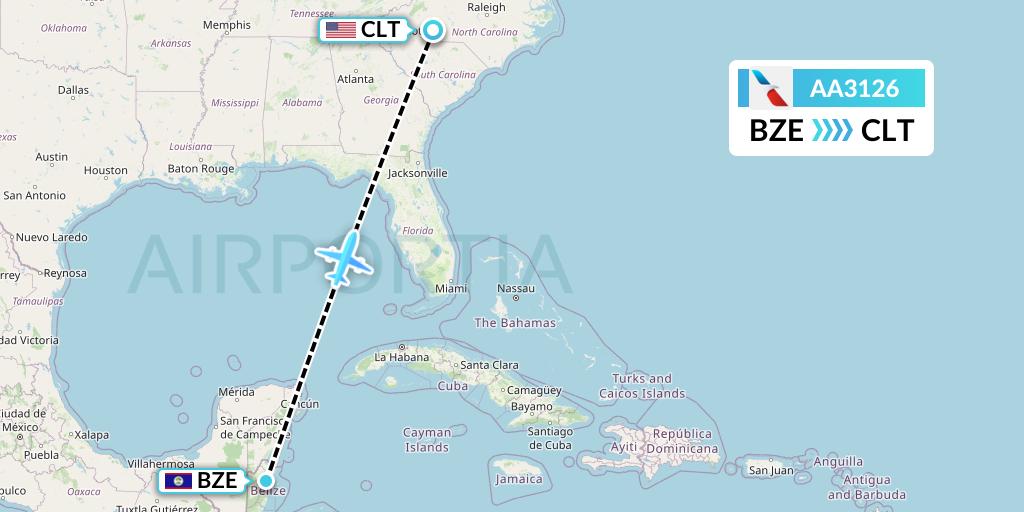 AA3126 American Airlines Flight Map: Belize City to Charlotte