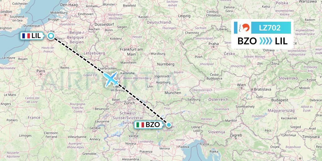 LZ702 Air Link Flight Map: Bolzano to Lille