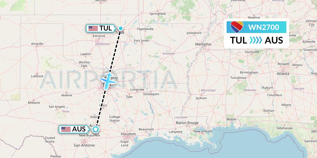 WN2700 Southwest Airlines Flight Map: Tulsa to Austin