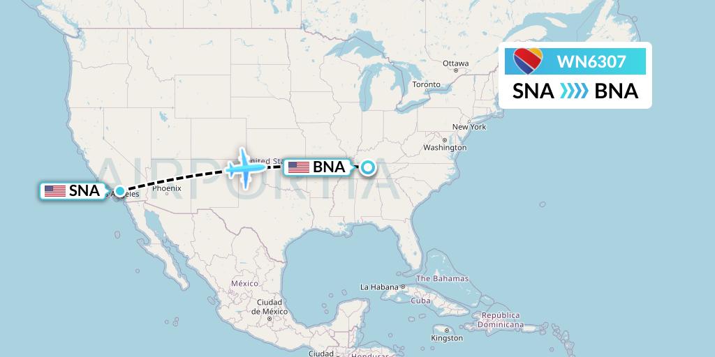 WN6307 Southwest Airlines Flight Map: Orange County to Nashville