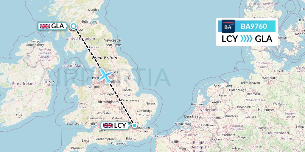 BA9760 British Airways Flight Map: London to Glasgow