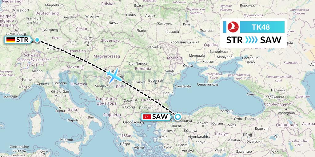 TK48 Turkish Airlines Flight Map: Stuttgart to Istanbul