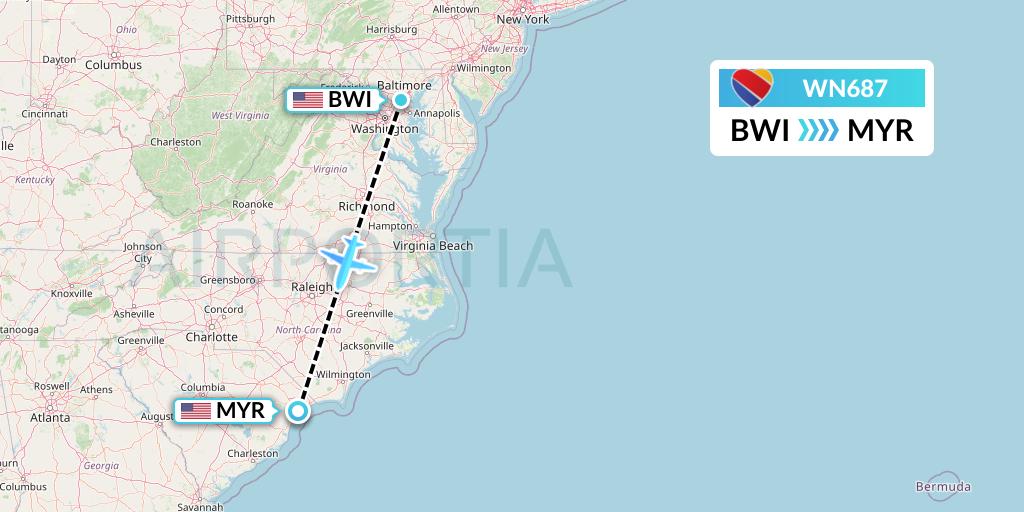WN687 Southwest Airlines Flight Map: Baltimore to Myrtle Beach