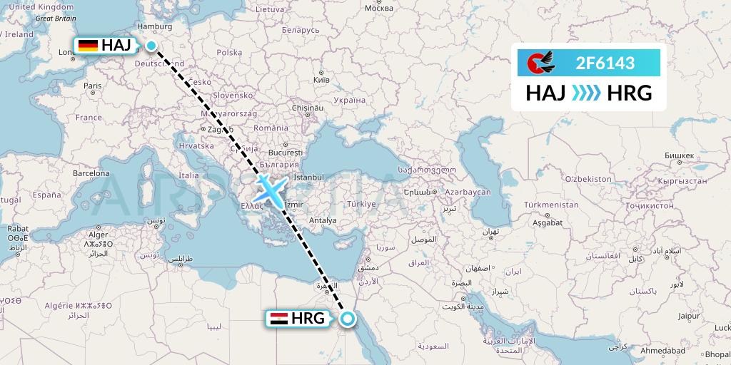 2F6143 twoFlex Taxi Aereo Flight Map: Hannover to Hurghada