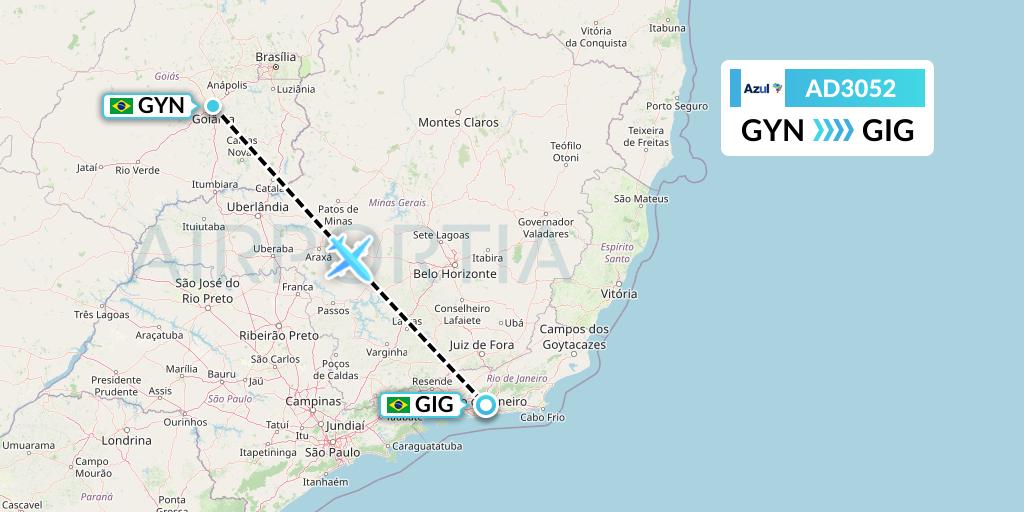 AD3052 Azul Brazilian Airlines Flight Map: Goiania to Rio de Janeiro