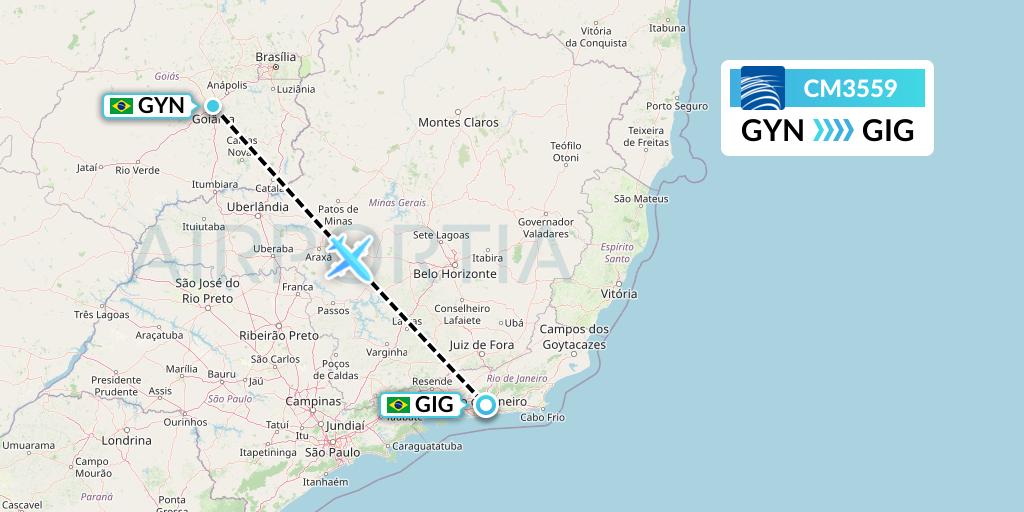 CM3559 Copa Airlines Flight Map: Goiania to Rio de Janeiro