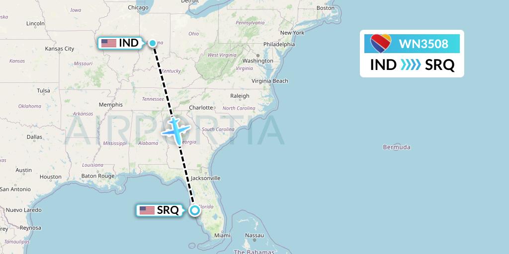 WN3508 Southwest Airlines Flight Map: Indianapolis to Sarasota
