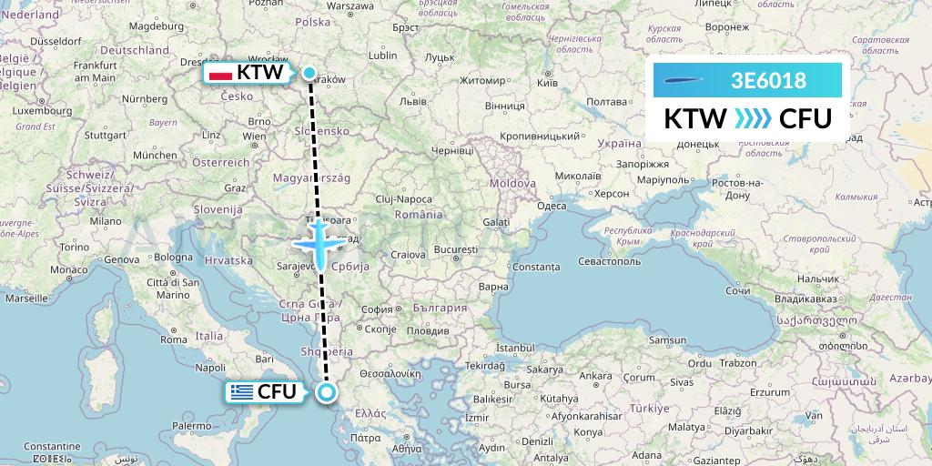 3E6018 Air Choice One Flight Map: Katowice to Corfu
