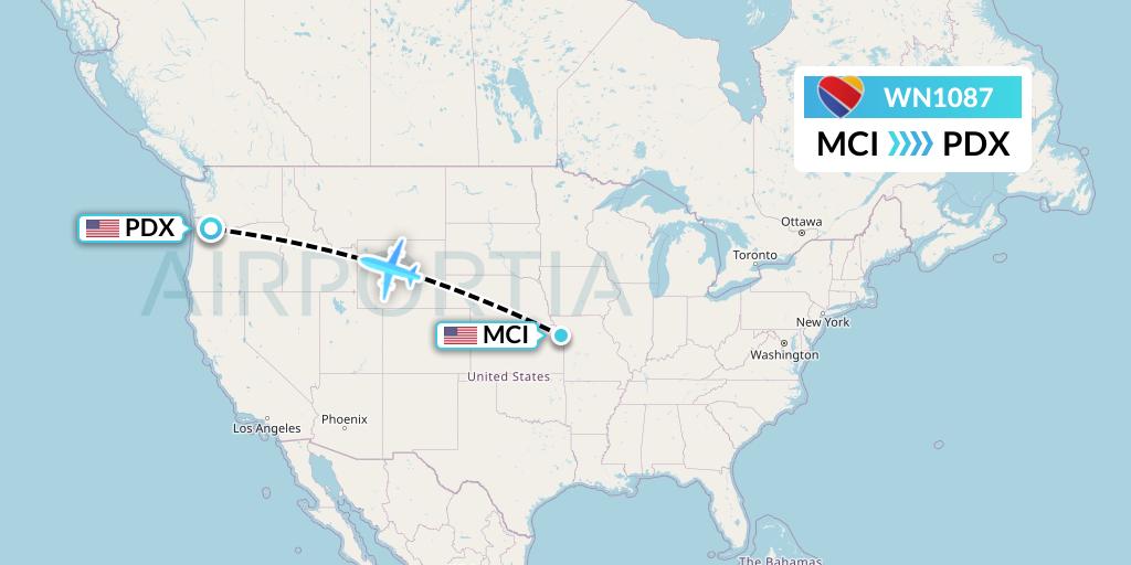 WN1087 Southwest Airlines Flight Map: Kansas City to Portland