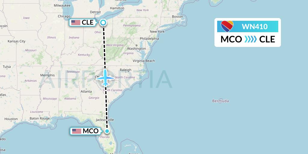 WN410 Southwest Airlines Flight Map: Orlando to Cleveland