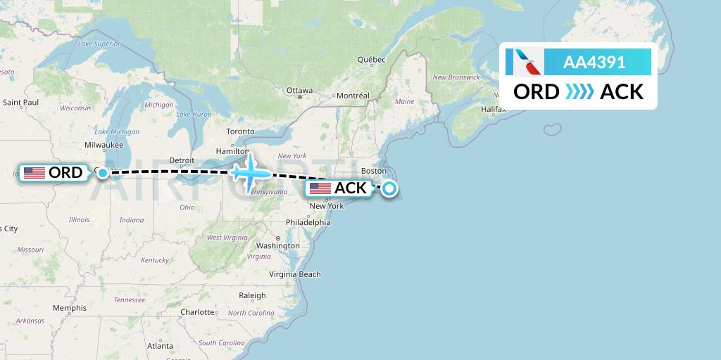 AA4391 American Airlines Flight Map: Chicago to Nantucket