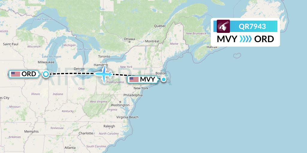 QR7943 Qatar Airways Flight Map: Martha's Vineyard to Chicago