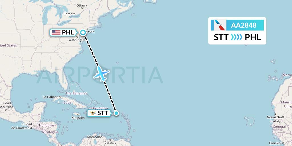 AA2848 American Airlines Flight Map: St. Thomas to Philadelphia
