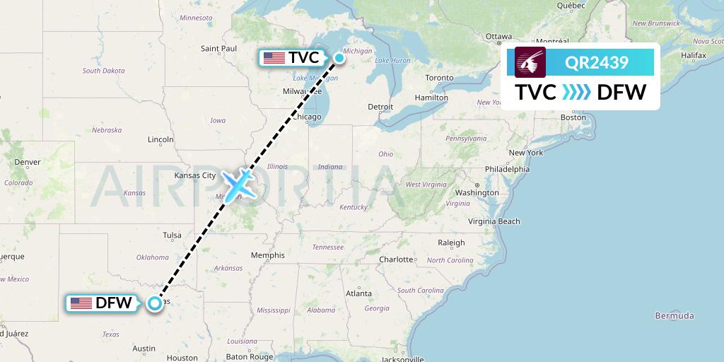 QR2439 Qatar Airways Flight Map: Traverse City to Dallas