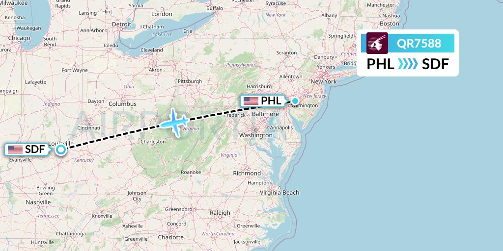 QR7588 Qatar Airways Flight Map: Philadelphia to Louisville