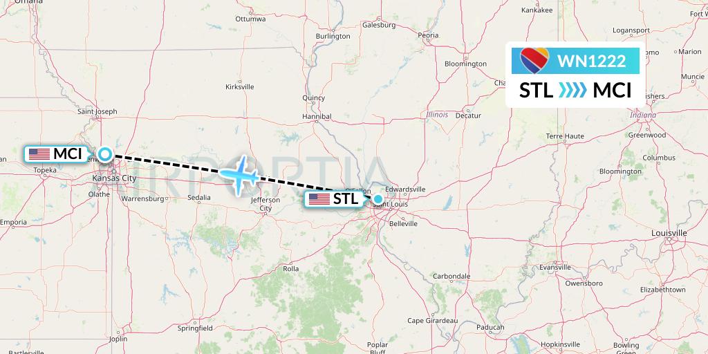 WN1222 Southwest Airlines Flight Map: St. Louis to Kansas City