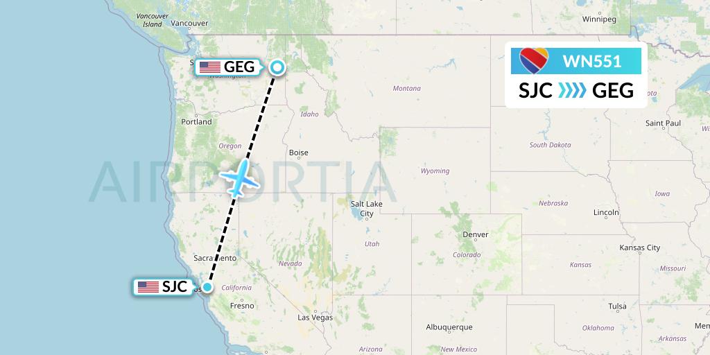 WN551 Southwest Airlines Flight Map: San Jose to Spokane