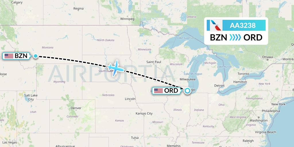 AA3238 American Airlines Flight Map: Bozeman to Chicago