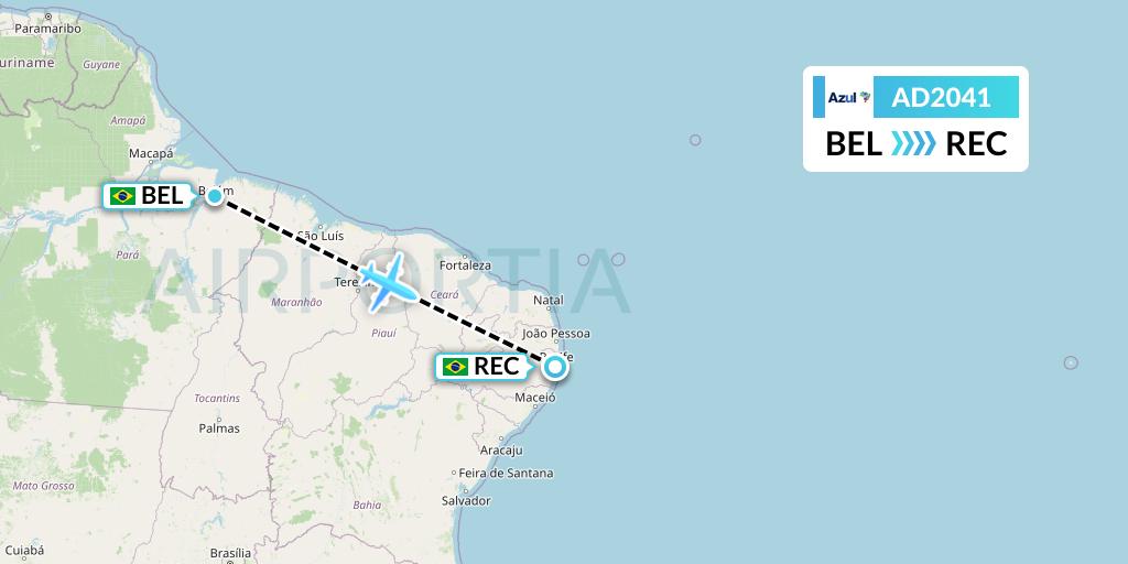 AD2041 Azul Brazilian Airlines Flight Map: Belem to Recife