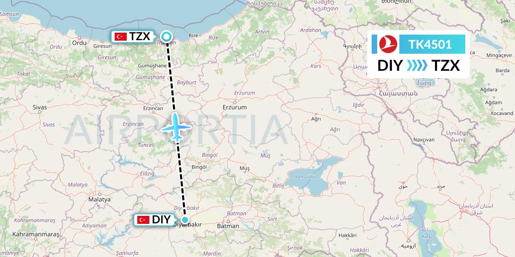 TK4501 Turkish Airlines Flight Map: Diyarbakir to Trabzon