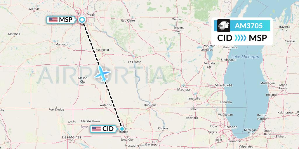 AM3705 Aeromexico Flight Map: Cedar Rapids to Minneapolis